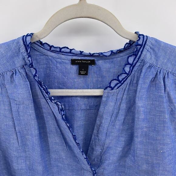 Ann Taylor chambray scalloped edge puff sleeve pullover blouse sz L - Picture 2 of 7